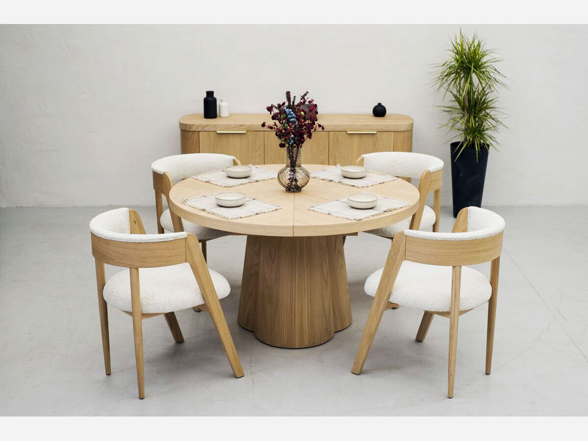 Ensemble SUGITON avec table à manger ronde extensible 130 à 180 cm + 4 chaises BASTIDE placage chêne massif