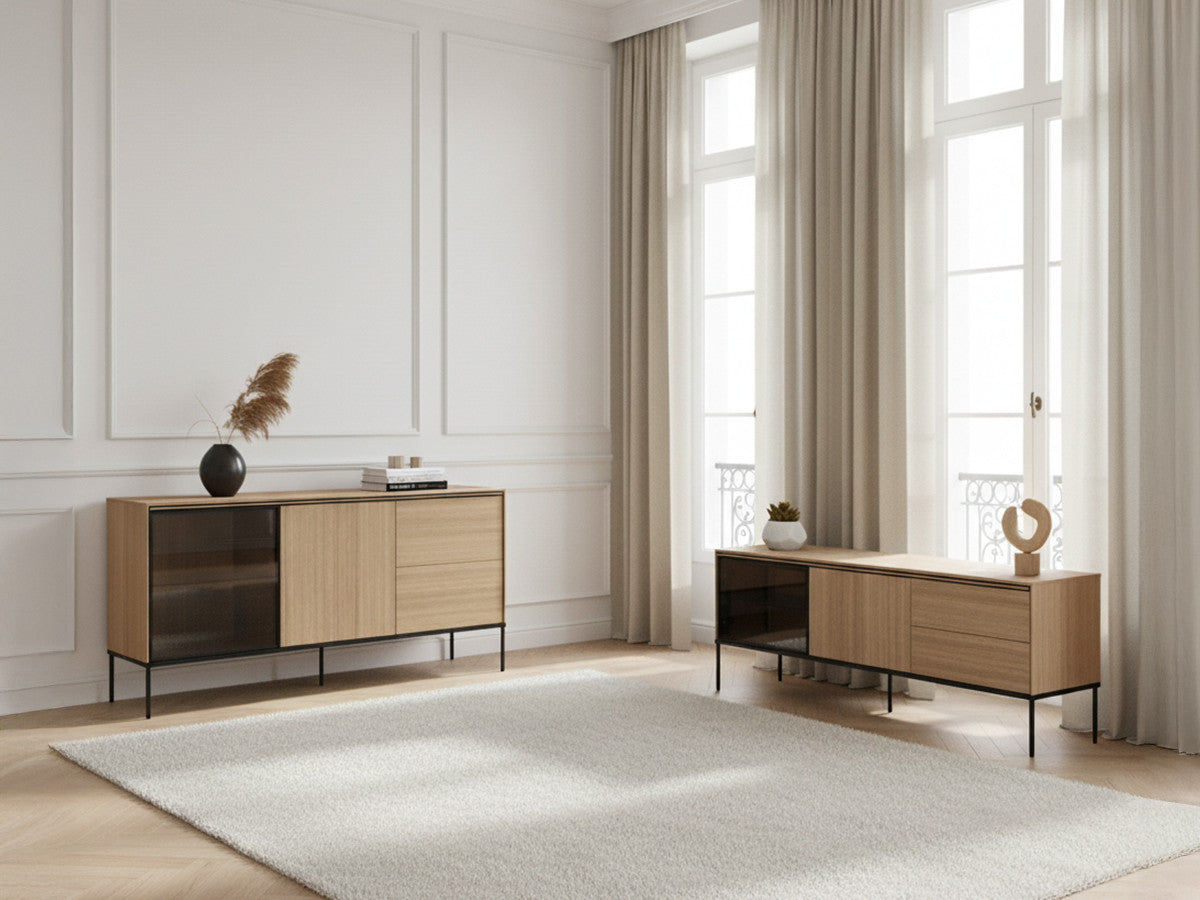 VERONA set met 167 cm dressoir + 167 cm tv-meubel in eikenhouten look en gerookt glas met led's