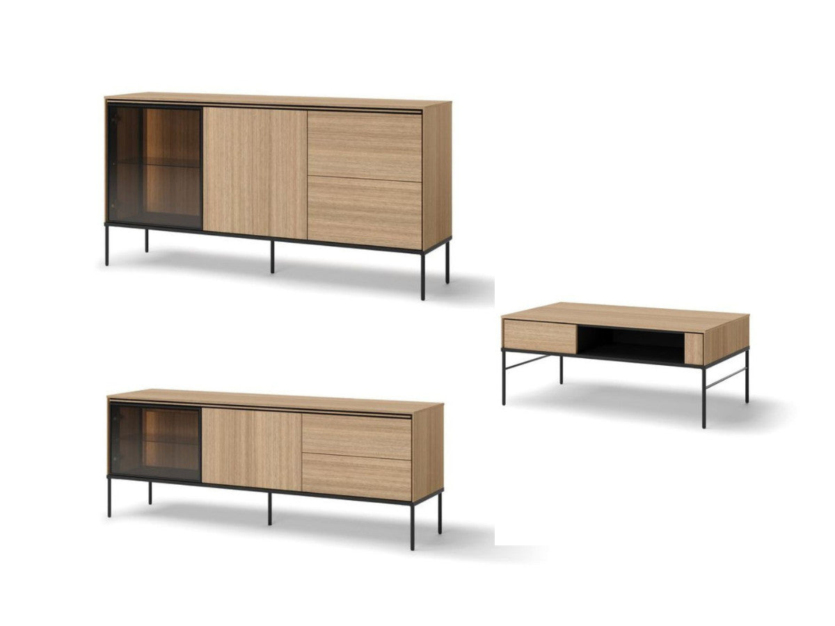 Ensemble VERONA avec buffet 167 cm + meuble TV 167 cm + table basse effet chêne et verre fumé avec LEDS
