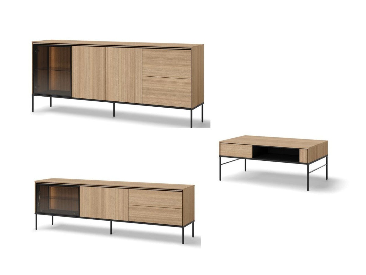 Ensemble VERONA avec buffet 200 cm + meuble TV 197 cm + table basse effet chêne et verre fumé avec LEDS