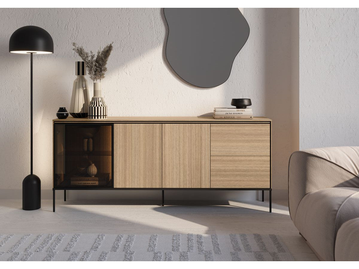 VERONA set met 200 cm dressoir + 197 cm tv-meubel + eikenhouten effect en rookglazen salontafel met led-verlichting