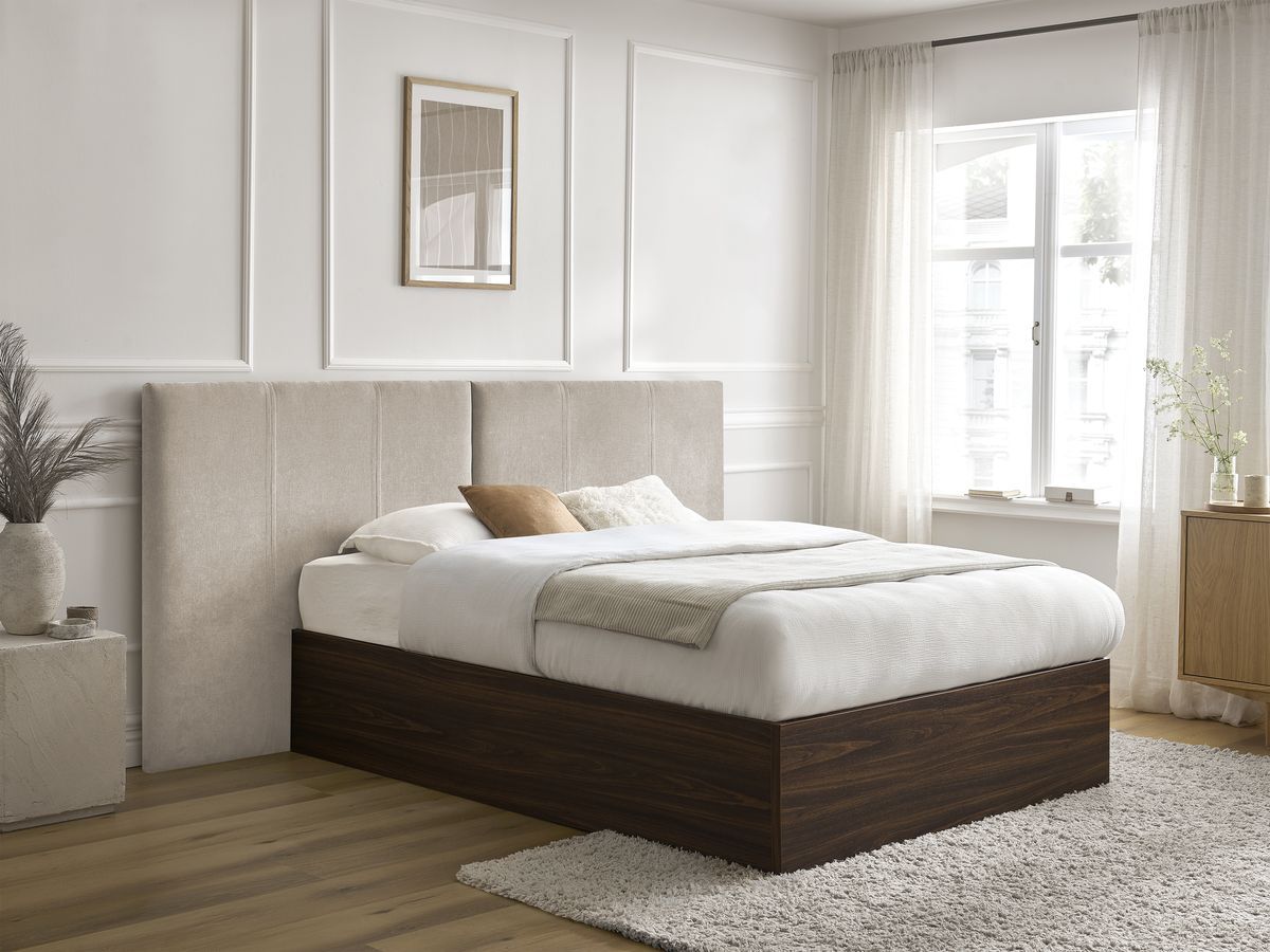 Lit coffre ALTIRA en bois foncé et tissu texturé