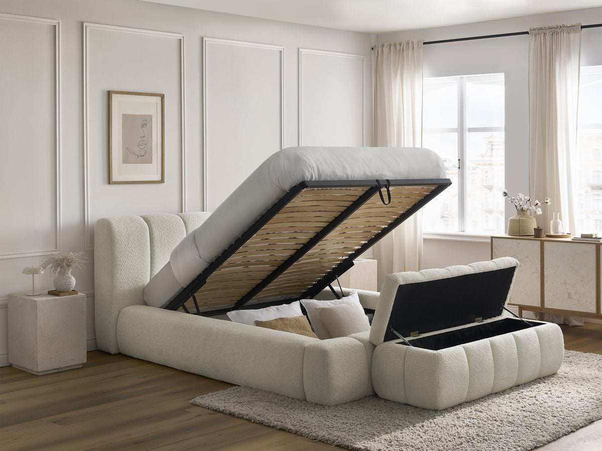 Lit coffre DENALI tissu bouclette + Bout de lit DENALI