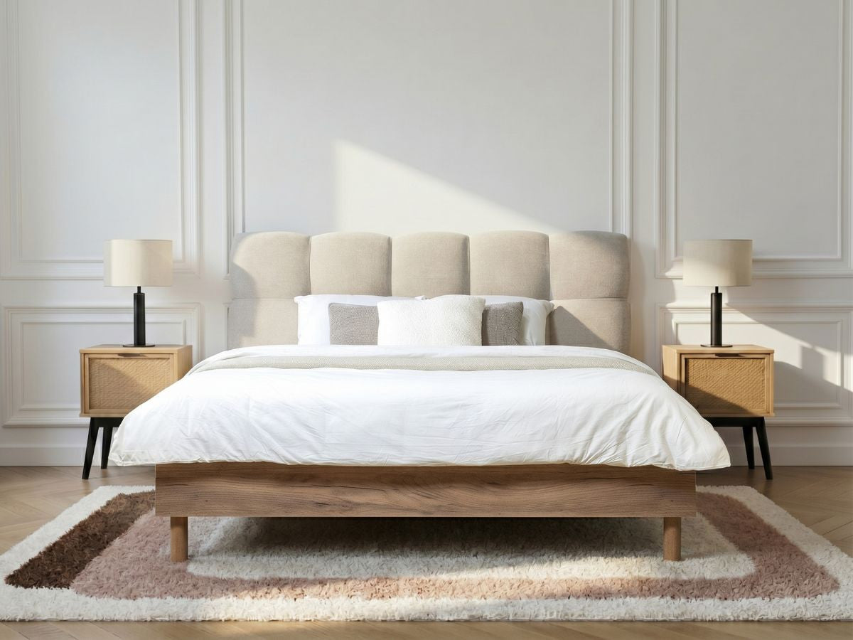 KUMO bed (160 x 200 cm), CAPUCINE matras, RE-DREAM dekbed van gemiddelde dikte (240 x 260 cm), twee RE-DREAM kussens (60 x 60 cm)