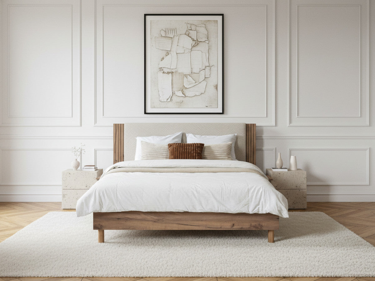 LIOR bed met massieve lattenbodem en poten van natuurlijk hout