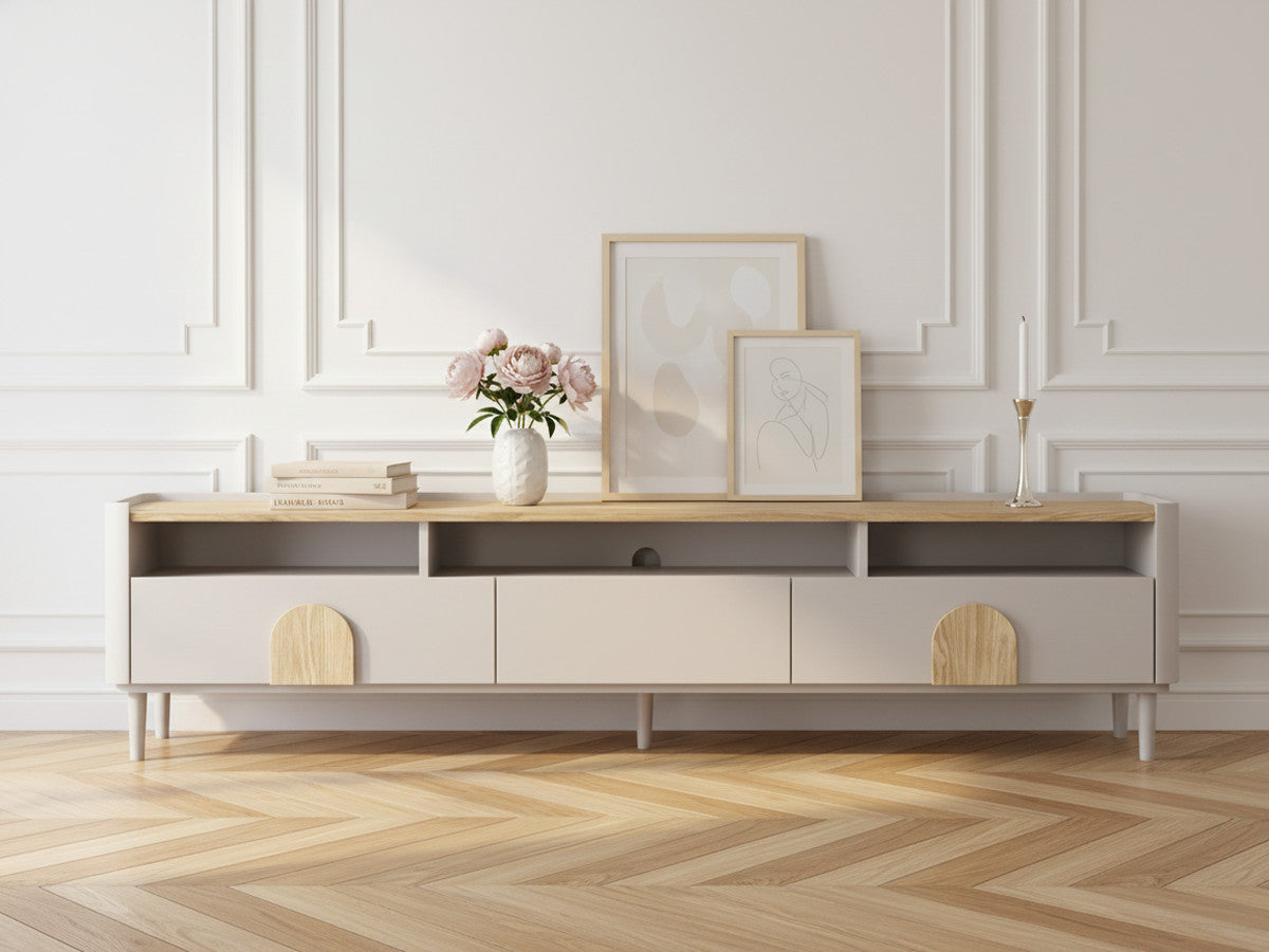 Meuble TV 1 porte 2 tiroirs 200 cm ENYRA pieds en bois massif