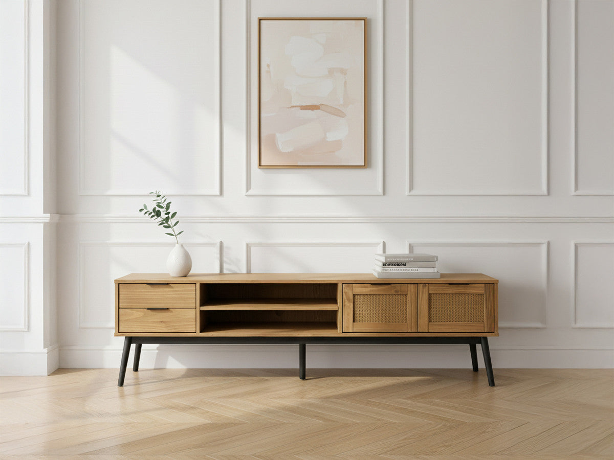 Meuble TV 180 cm ALBI bois massif et rotin
