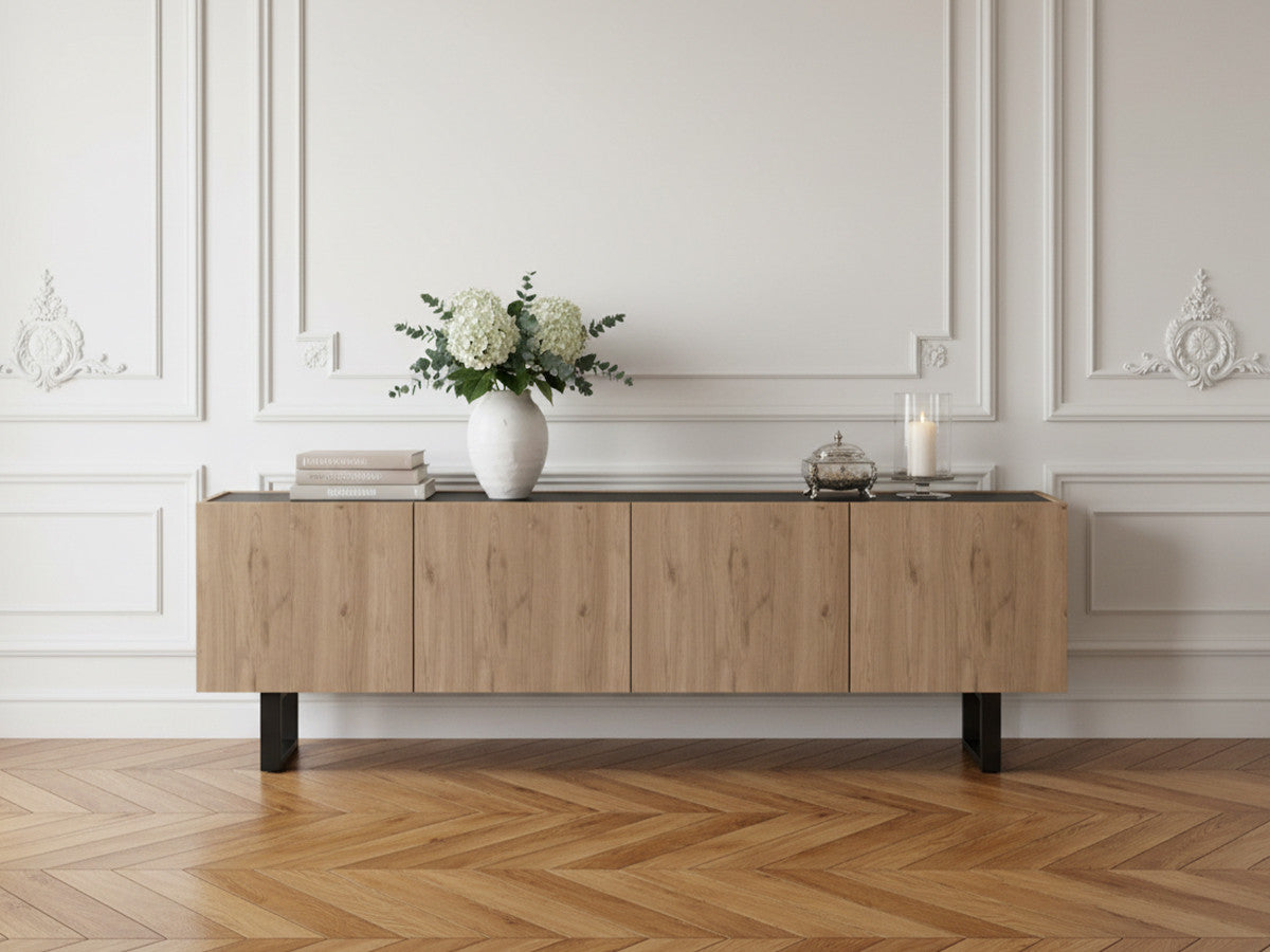 Meuble TV 180 cm OPERA effet chêne et effet marbre noir