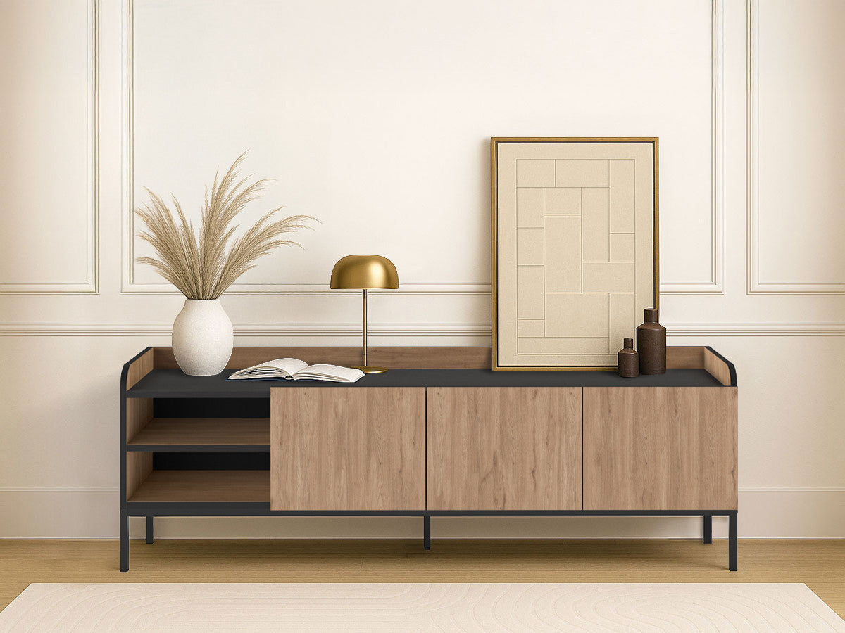 Meuble TV 2 portes 2 niches 160 cm AURIANE pieds métal noir