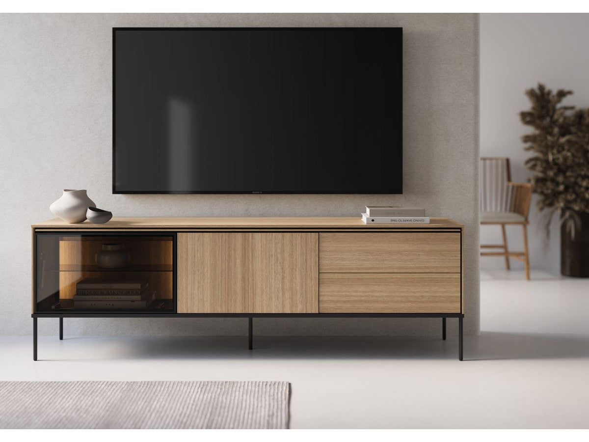 Meuble TV 2 portes 2 tiroirs 197 cm VERONA effet chêne et verre fumé avec LEDS