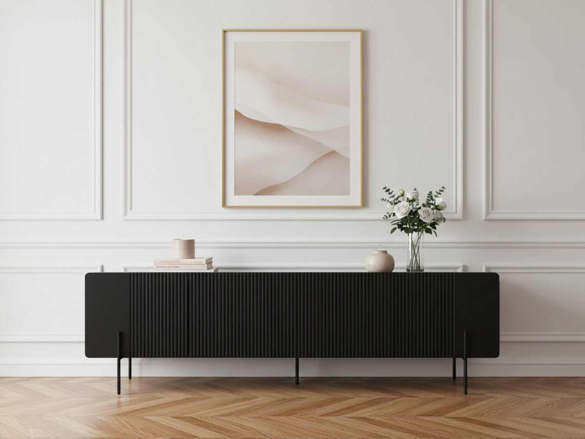 Meuble TV 2 portes 2 tiroirs 200 cm MATHILDE pieds noirs