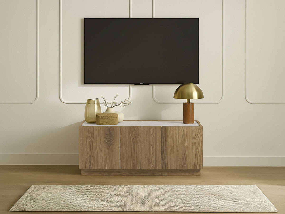 MARION 3-deurs tv-meubel 120 cm eiken en travertijn effect