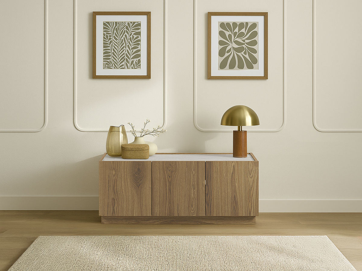 MARION 3-deurs tv-meubel 120 cm eiken en travertijn effect