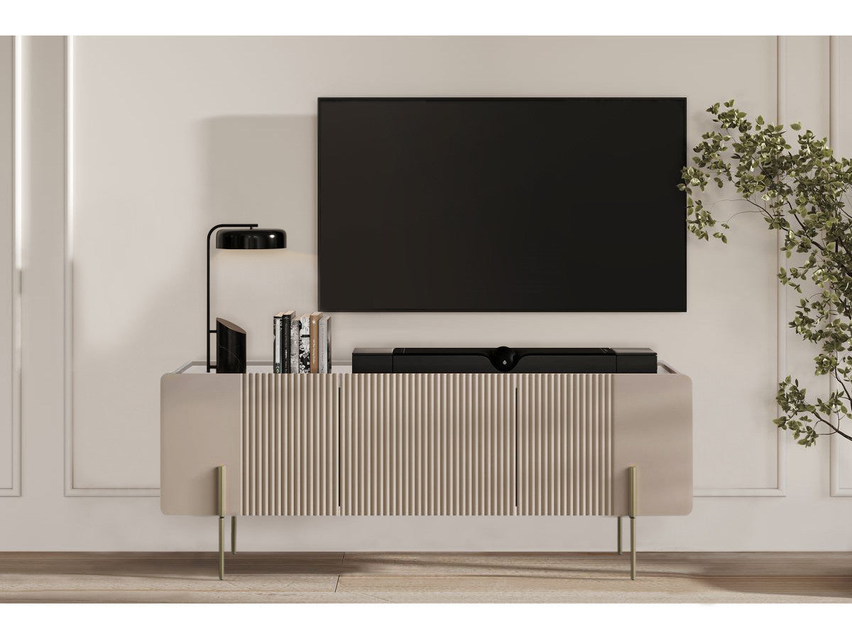 Meuble TV 3 portes 150 cm MATHILDE plateau effet marbre et pieds or