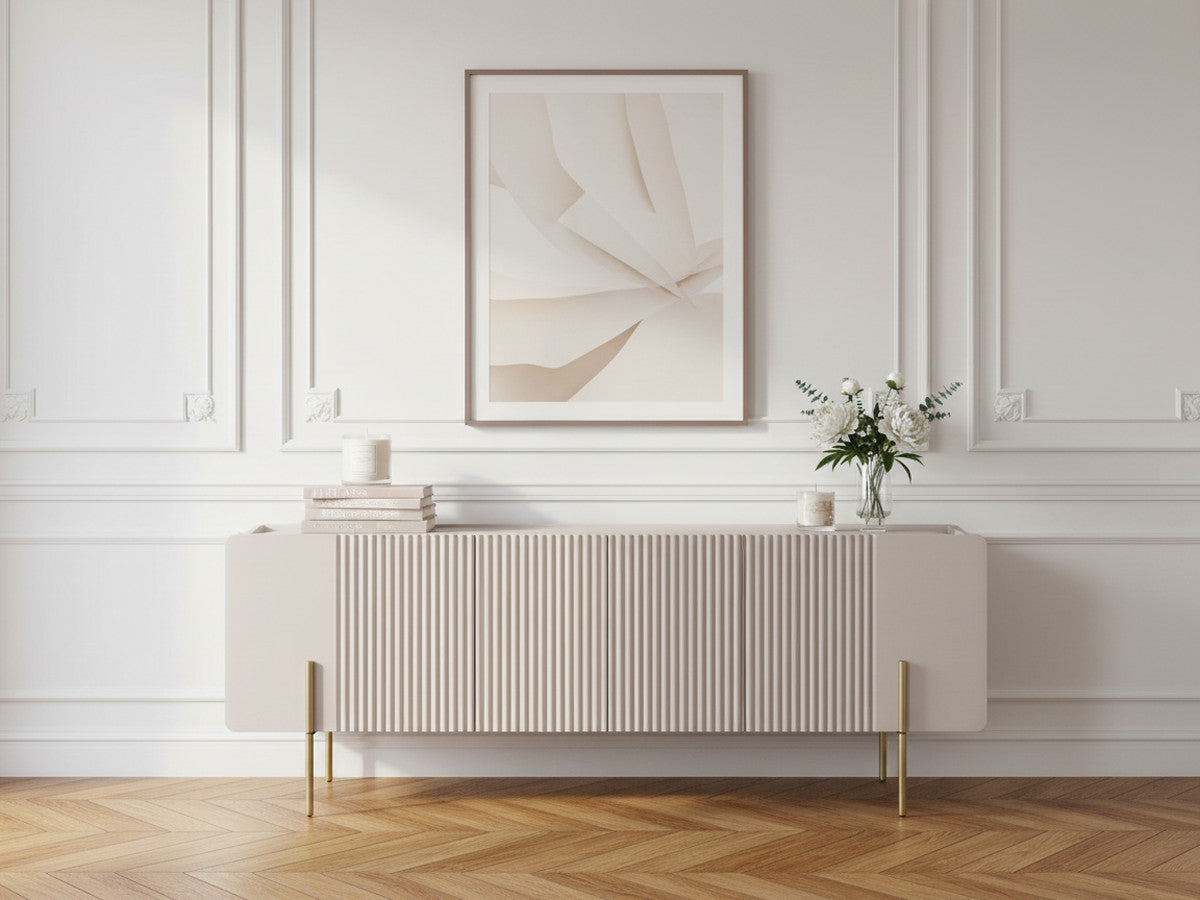 Meuble TV 3 portes 150 cm MATHILDE plateau effet marbre et pieds or