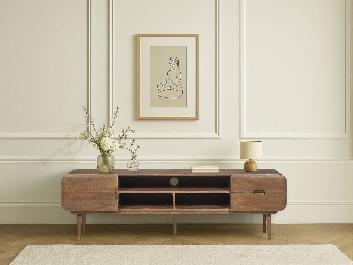 Meuble TV 1 porte 2 tiroirs 180 cm BRUNE bois massif de manguier