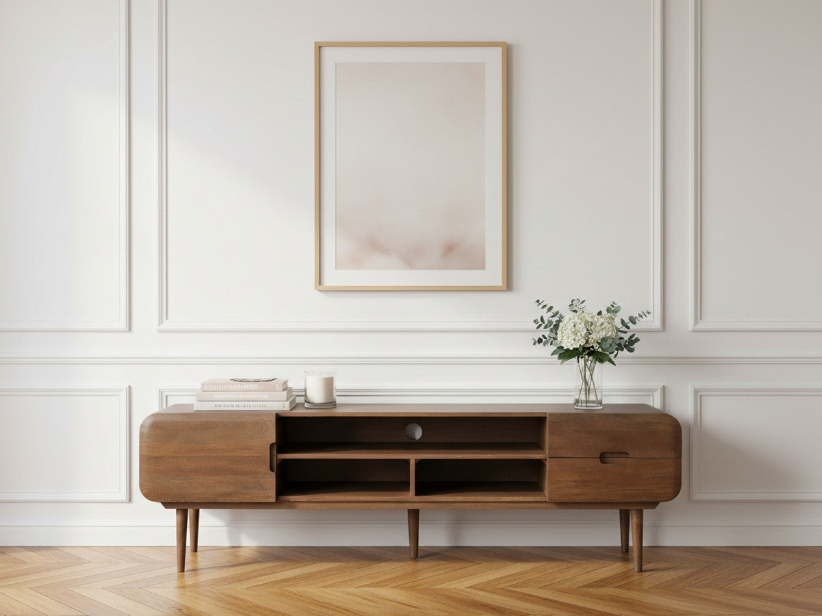 Meuble TV 1 porte 2 tiroirs 180 cm BRUNE bois massif de manguier