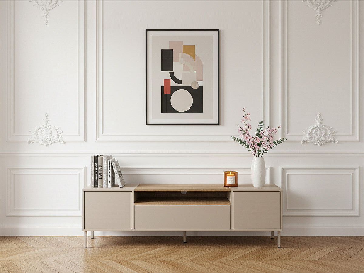 Meuble TV 3 portes 180 cm LINO plateau effet chêne et pieds métal