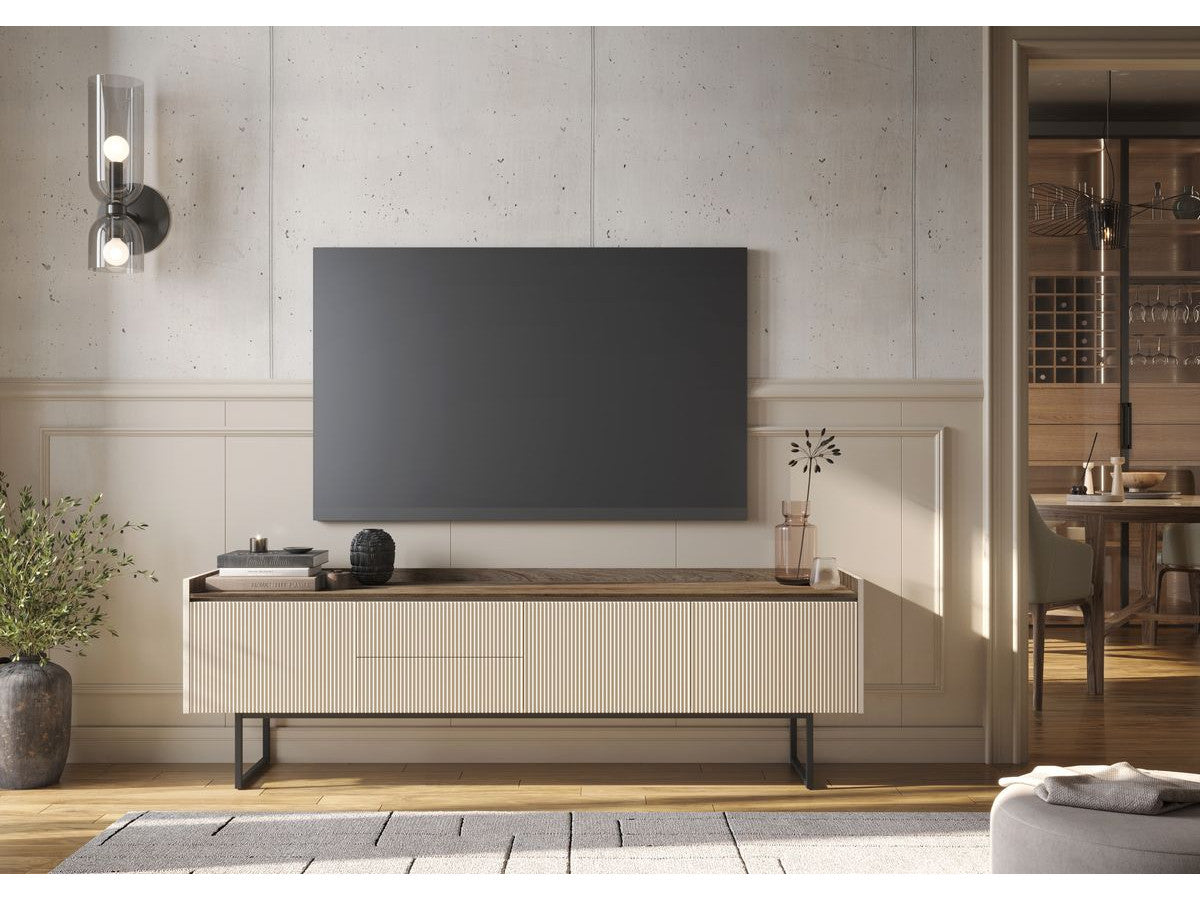 Meuble TV 3 portes 192 cm LOUNA beige et effet bois avec tasseaux et LED