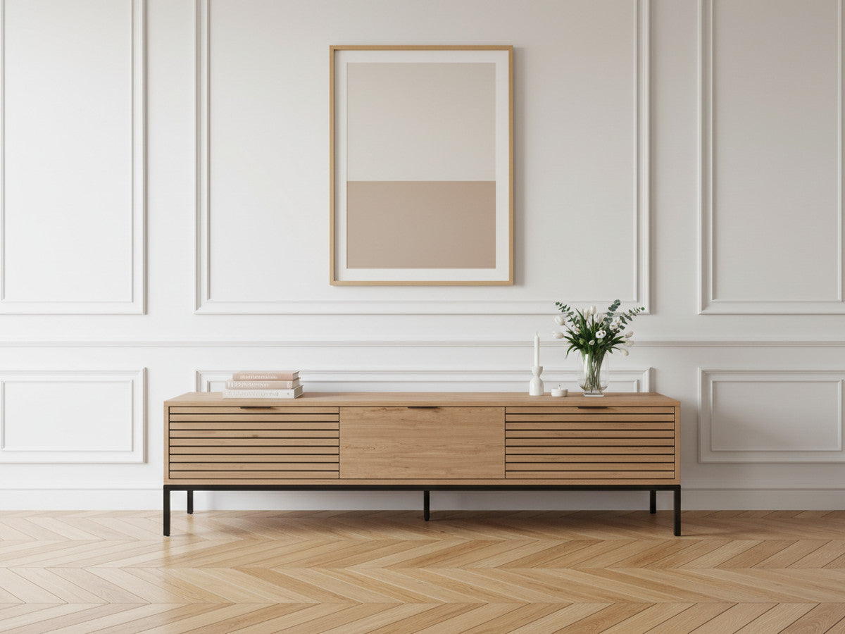 Meuble TV 3 tiroirs 180 cm AGATHE effet chêne