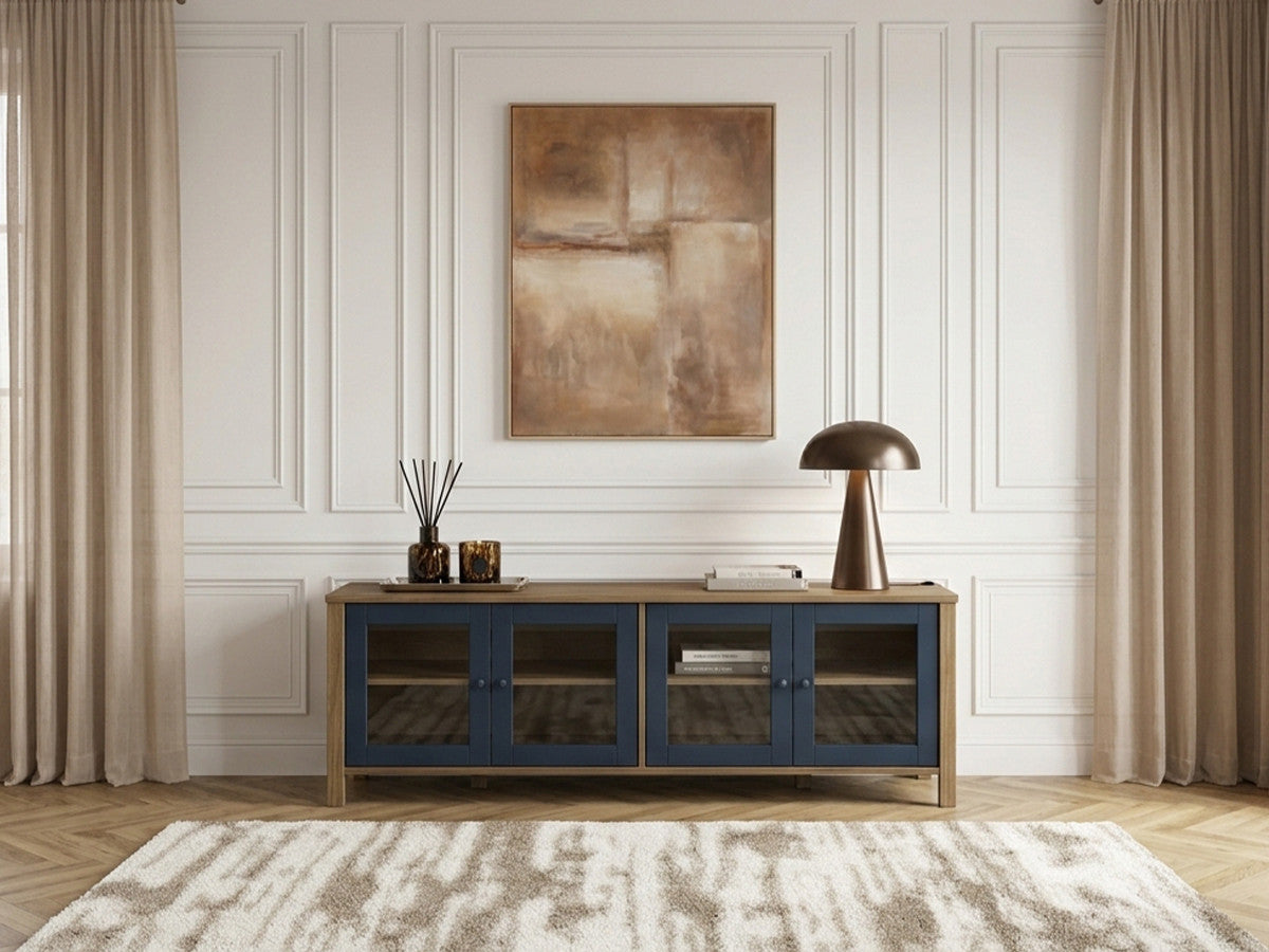 Meuble TV 4 portes 150 cm LEXIE effet bois et verre trempé