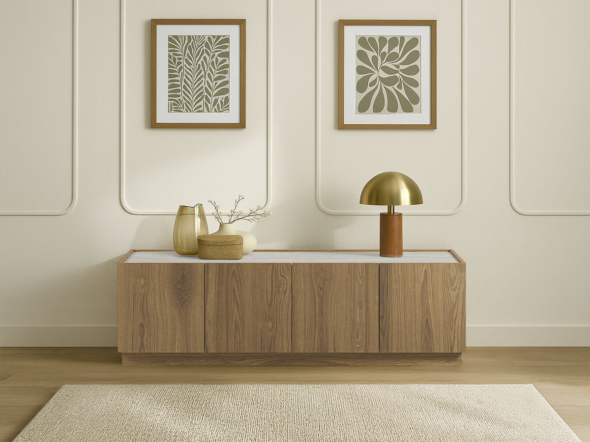 MARION 4-deurs tv-meubel 160 cm eiken en travertijn effect