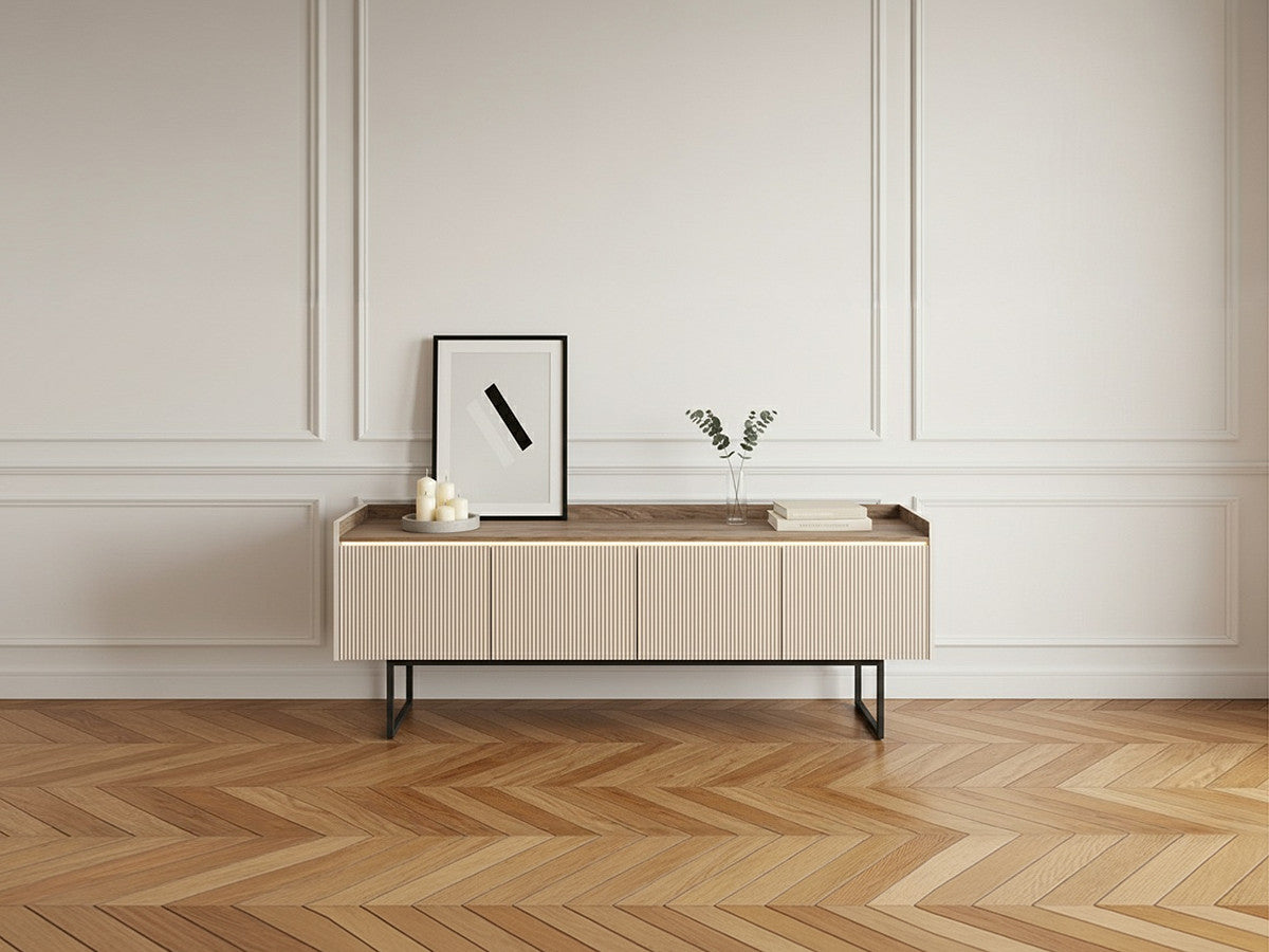 Meuble TV 4 portes 166 cm LOUNA beige et effet bois avec tasseaux et LED