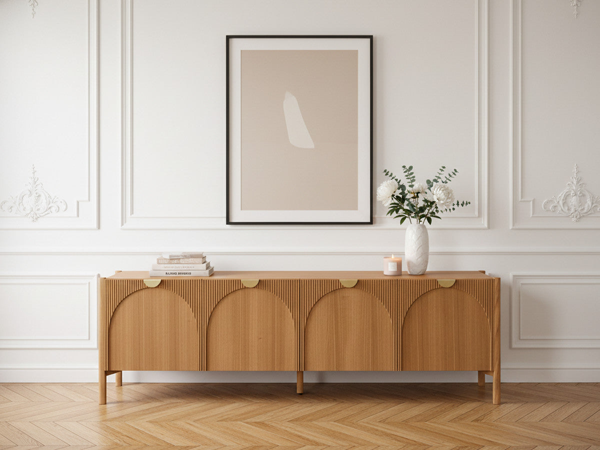 Meuble TV 4 portes 178 cm LOLA motif arrondi et placage frêne massif