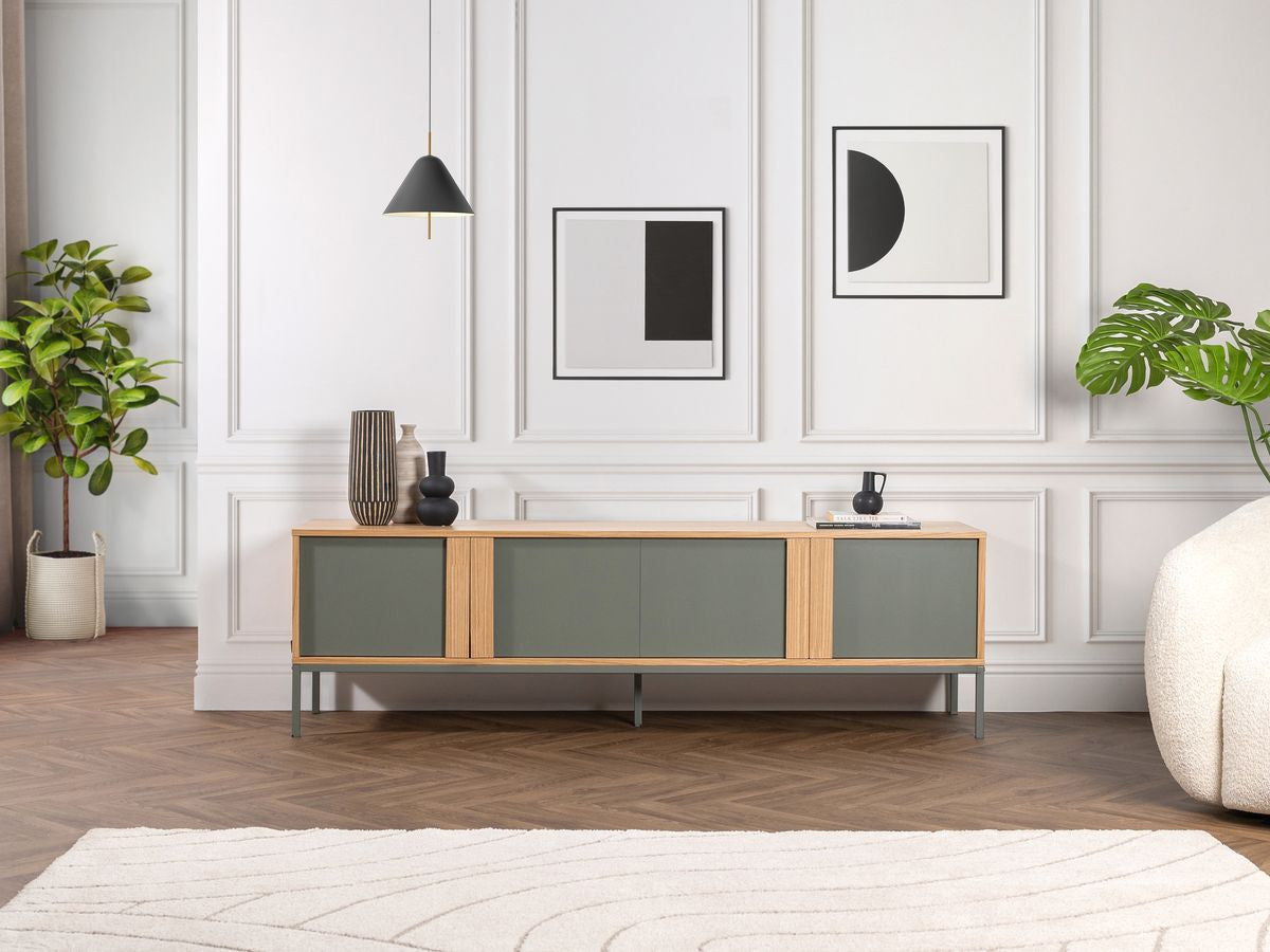 Meuble TV 4 portes 180 cm SOHO vert avec pieds en métal