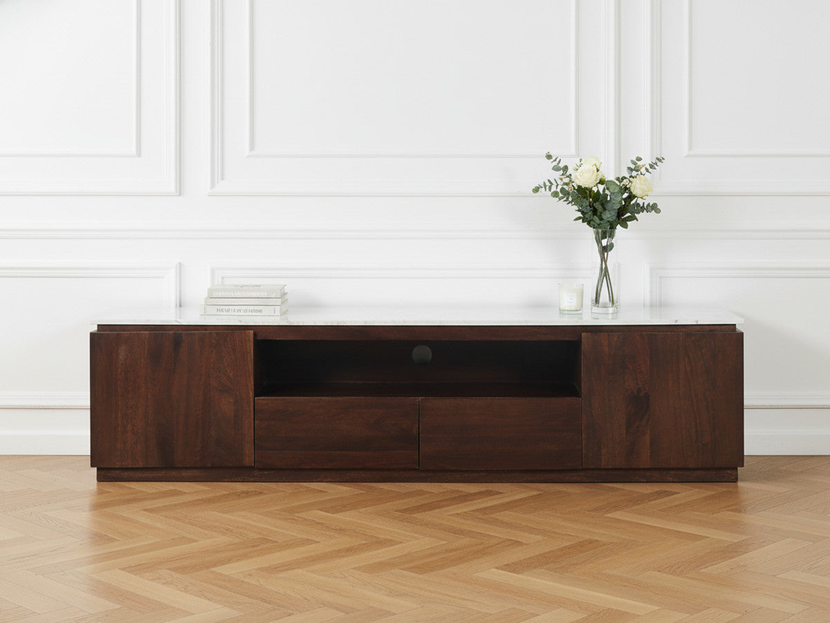 BARBARA tv-meubel met 4 deuren, 200 cm, massief mangohout en marmer