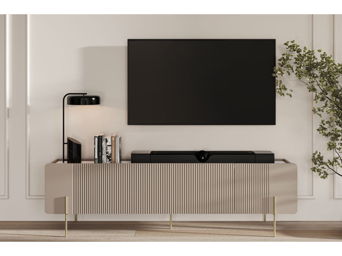 Meuble TV 4 portes 200 cm MATHILDE plateau effet marbre et pieds or