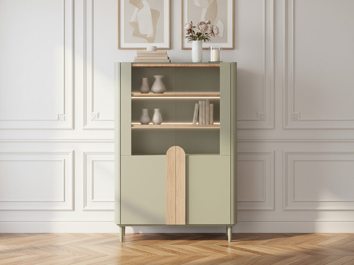 ENYRA 2-deurs vitrinekast, 150 cm hoog, met massief houten poten