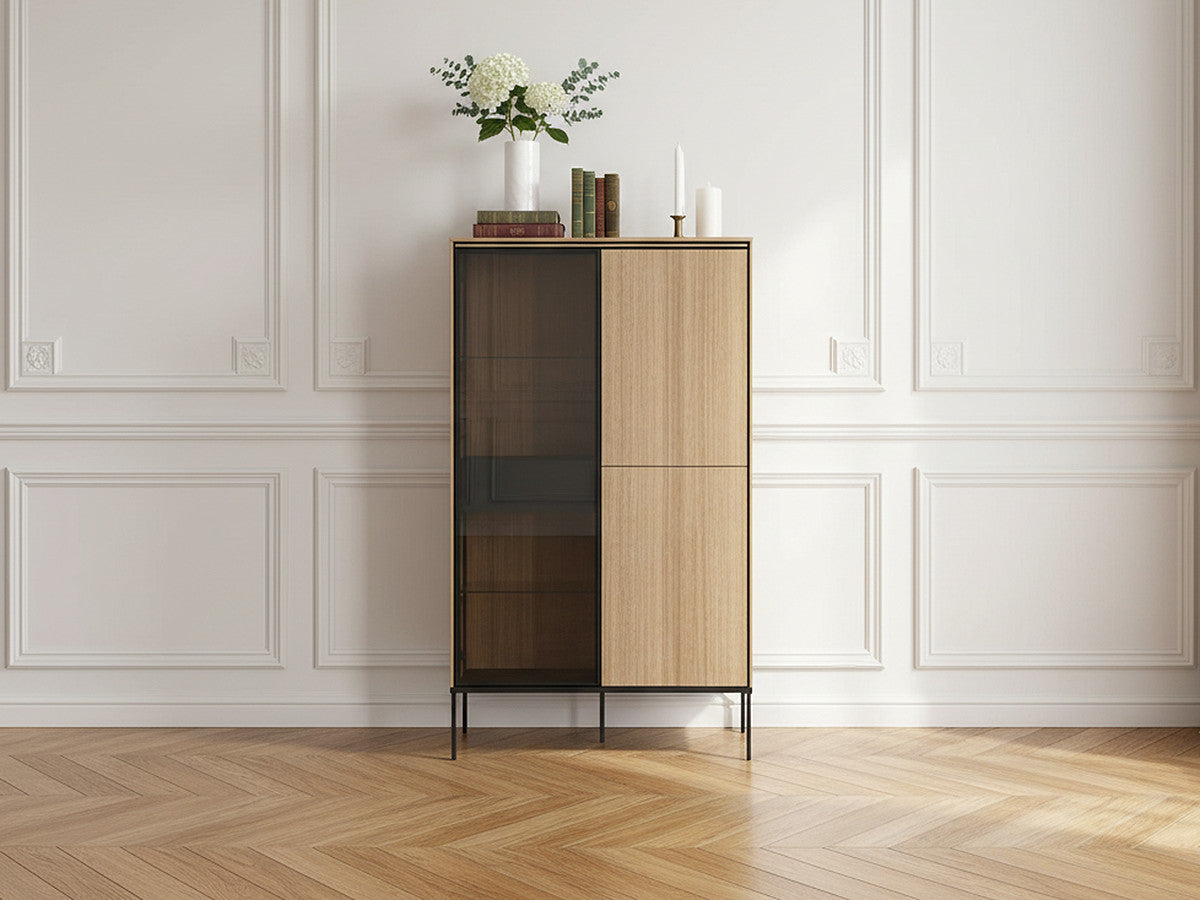 Meuble vitrine 3 portes H.156 cm VERONA effet chêne et verre fumé avec LEDS