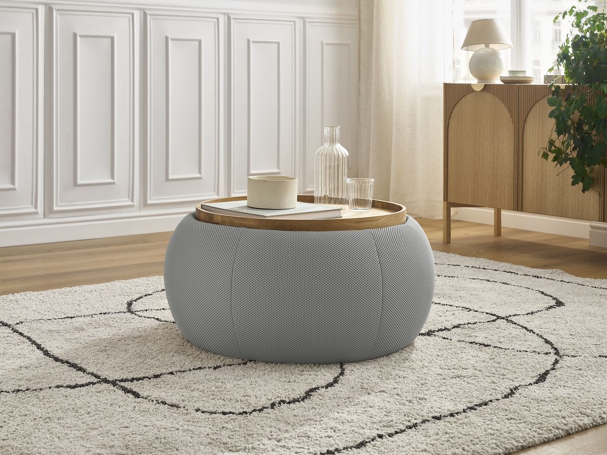 Pouf rond avec plateau HAYDEN tissu mesh