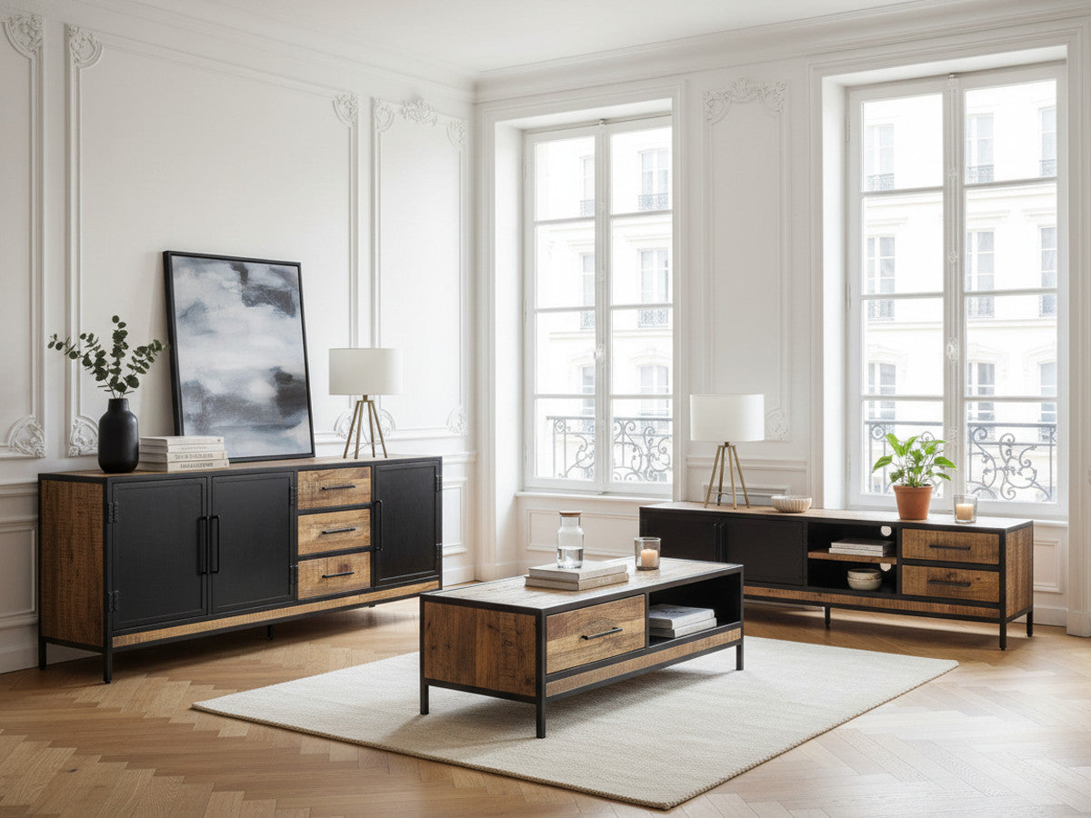 BEAUBOURG complete woonkamer met 200 cm dressoir + tv-meubel + salontafel Massief mangohout