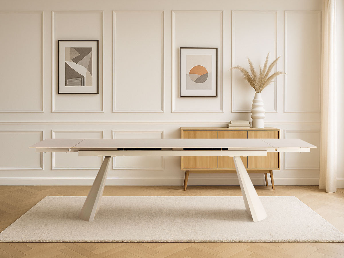 Table à manger extensible 180 à 260 cm ROMEO plateau pierre effet travertin