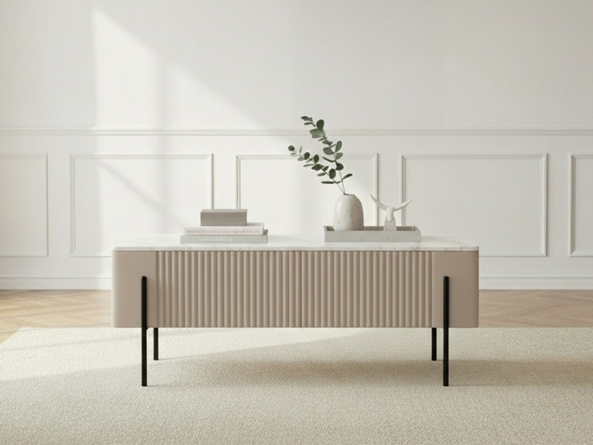 Table basse 2 tiroirs 100 cm MATHILDE plateau effet marbre et pieds noirs