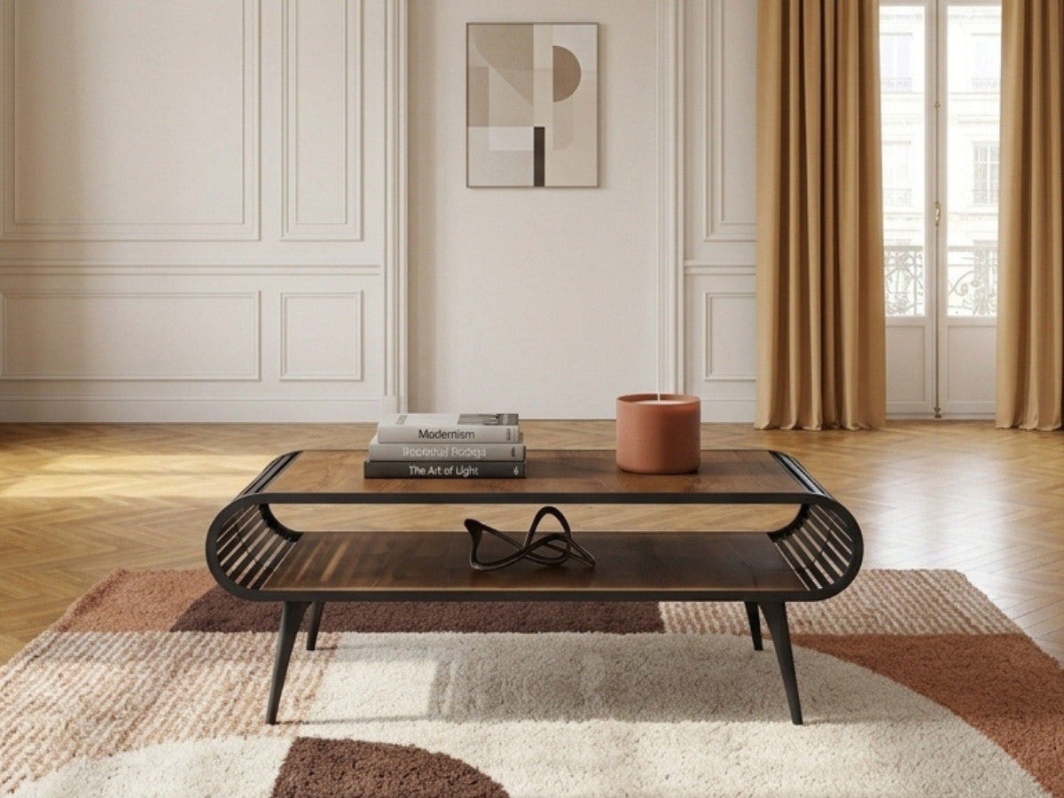 Table basse avec niche 120 cm BILLIE effet bois et métal