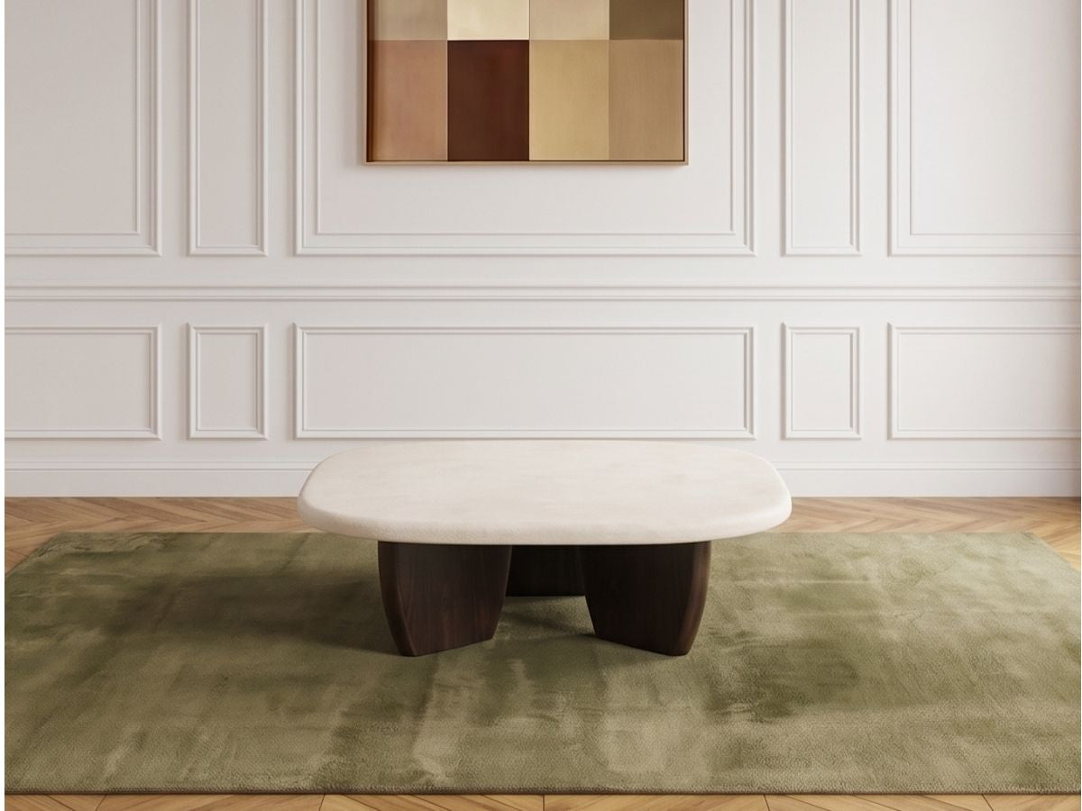 Vierkante salontafel 100 cm PASSY met cementlook en essenhout fineer