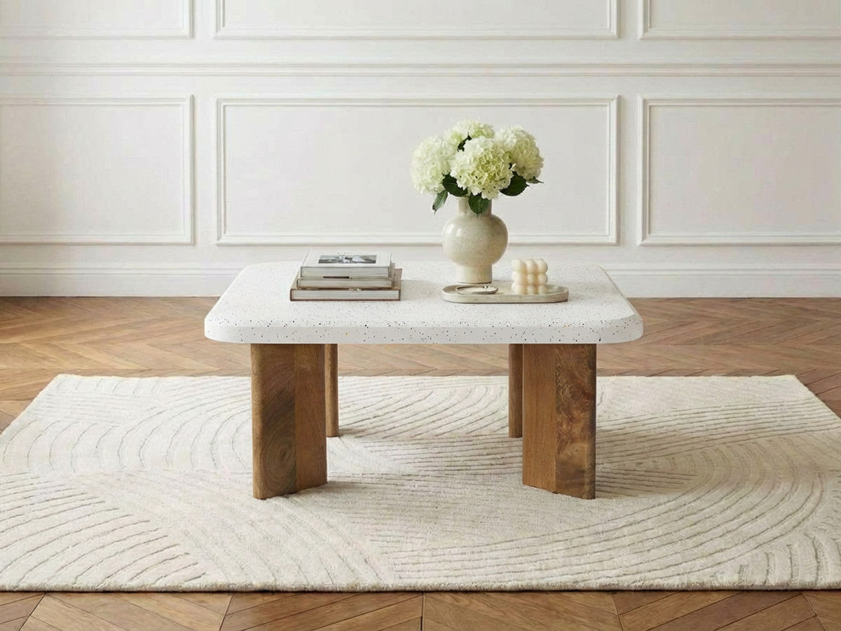 Table basse carrée 70 cm ARYA effet terrazzo et pieds bois massif de manguier