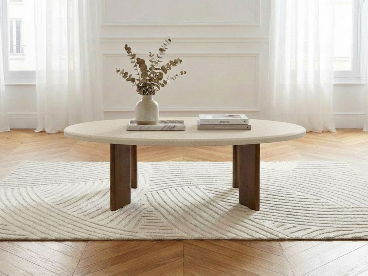 Table basse ovale 110 cm ARYA effet travertin et pieds bois massif de manguier