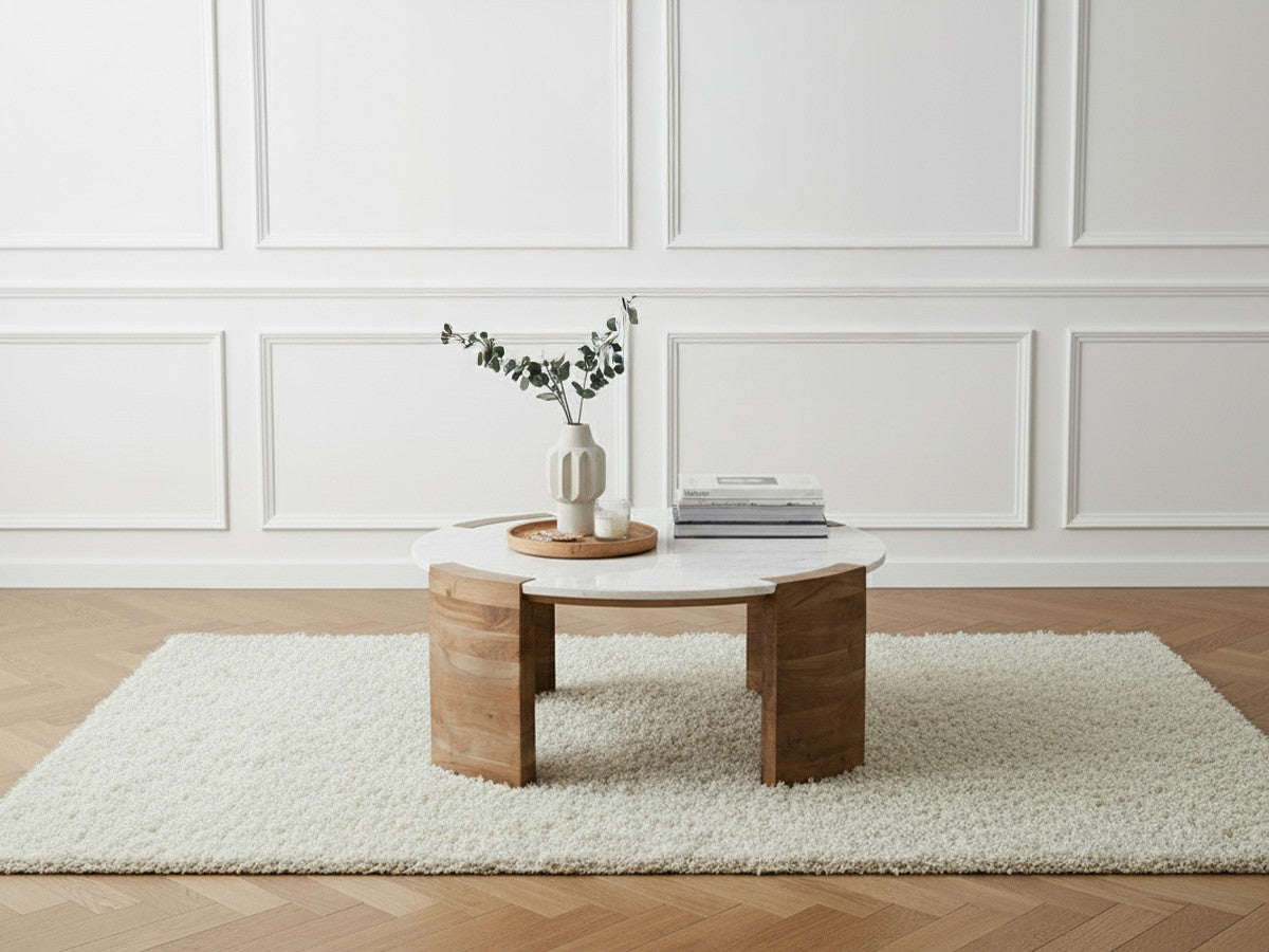 Table basse ronde D.85 cm TORVI plateau marbre et pieds bois massif d'acacia