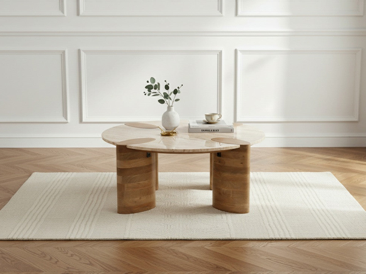 Ronde salontafel D.90 cm CERSEÏ travertijn blad en massief licht mangohouten poten