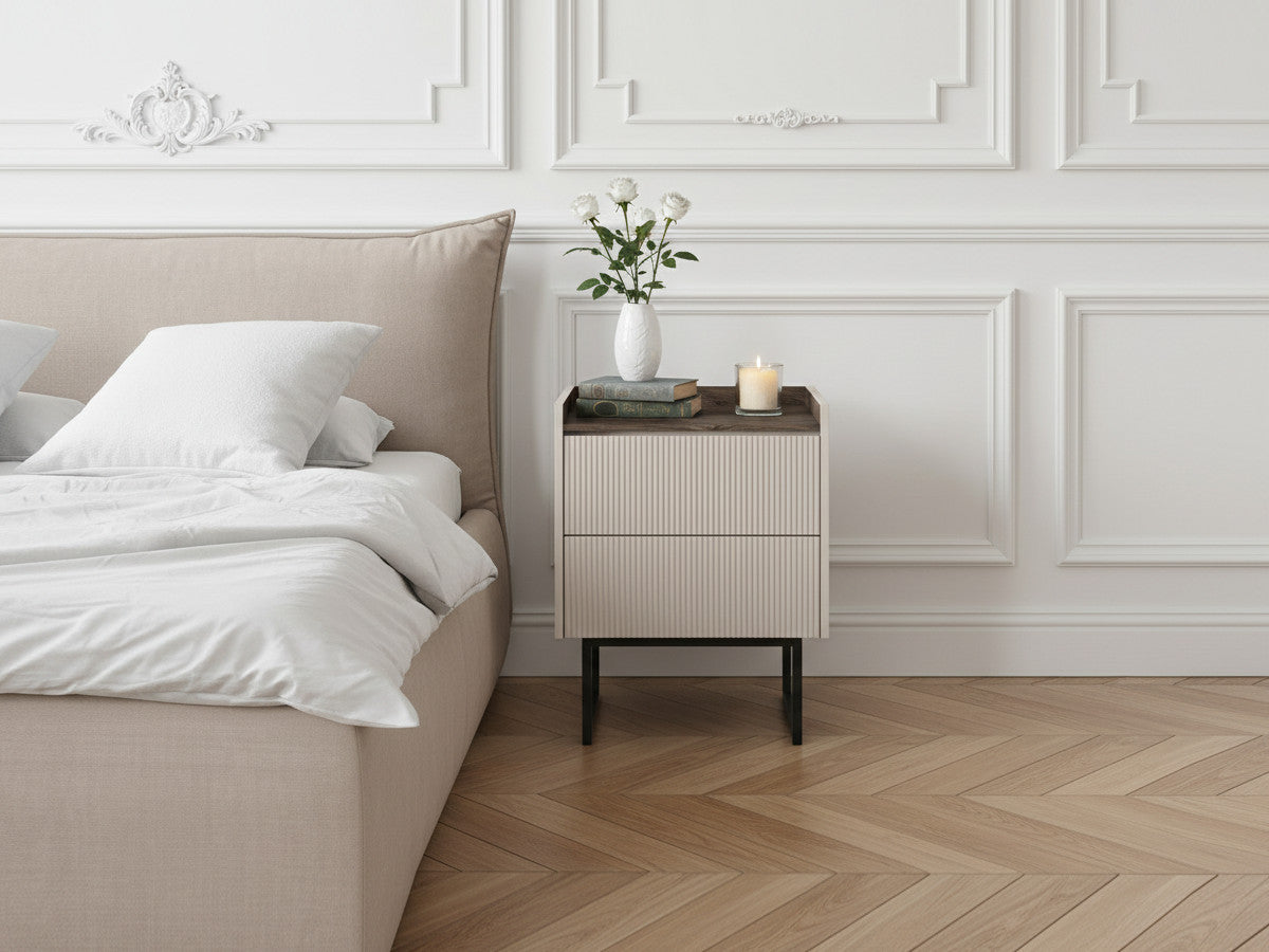 LOUNA Nachtkastje met 2 laden in beige en houtlook met lamellen en led-verlichting