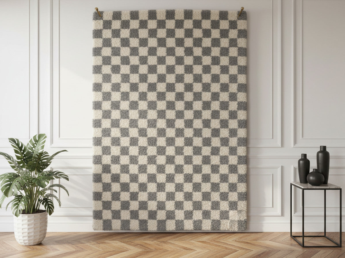 Tapis poils longs DAMIEN motifs damier